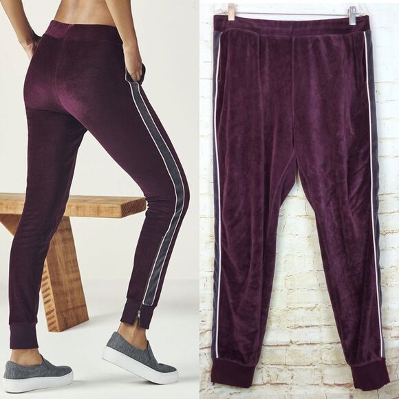 Fabletics Britt Jogger Pants Womens XL Burgundy Velour Gray Side Stripe Zip Leg - Picture 1 of 12